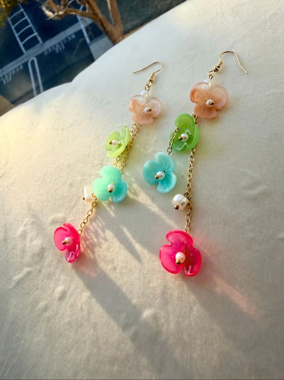Colorful Flower Pearl Long Dangle Earrings Pink Green Blue